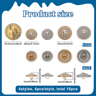 16Pcs 4 Styles 1-Hole Alloy Rhinestone Buttons BUTT-FG0001-49-1