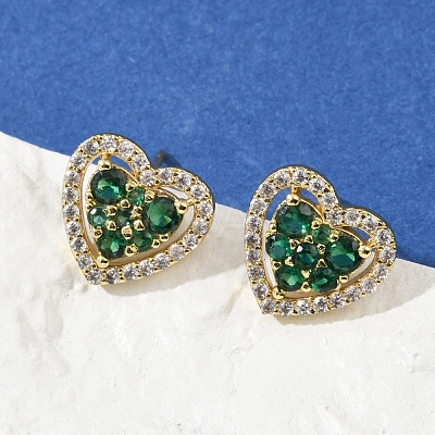 Heart Brass Micro Pave Cubic Zirconia Stud Earrings EJEW-M082-15G-1