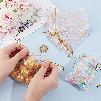 50Pcs Gold Stamping Moon & Star Organza Drawstring Gift Storage Bags OP-BBC0001-03A-01-1