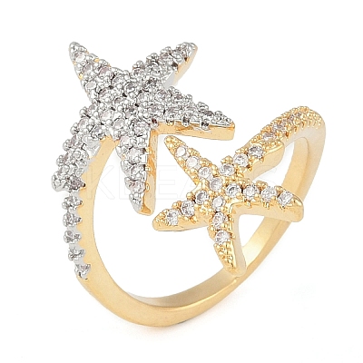Starfish Brass Micro Pave Clear Cubic Zirconia Cuff Ring RJEW-Q819-25G-1