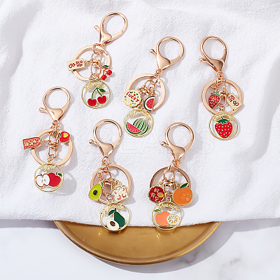 6Pcs 6 Style Fruit Alloy Enamel Pendant Keychain with Lucky Charm KEYC-DR0001-08-1