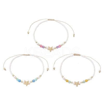 3Pcs Starfish Natural Agate & Amazonite & Shell Pearl Beads Braided Bead Bracelets for Women BJEW-JB12765-1