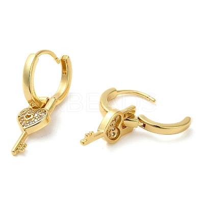 Brass with Cubic Zirconia Heart Key Dangle Hoop Earrings KK-Z033-31G-1