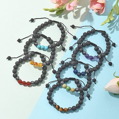 Natural Lava Rock and Non-Magnetic Synthetic Hematite Beads Braided Bead Bracelets BJEW-JB03975-1