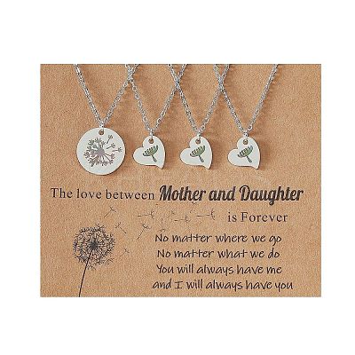 Mother and Daughter 304 Stainless Steel Dandelion Flat Round Heart Pendant Necklaces for Women FS-WGEED69-05-1