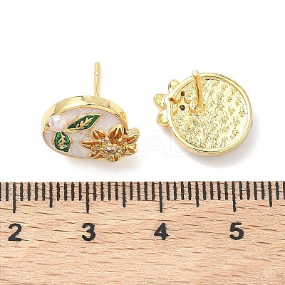 Oval with Flower Brass Micro Pave Cubic Zirconia Stud Earrings EJEW-P336-02G-1
