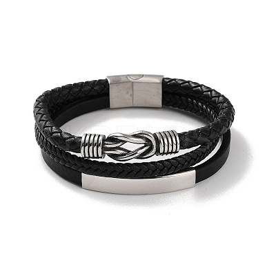 Men's Braided Black PU Leather Cord Multi-Strand Bracelets BJEW-K243-37AS-1