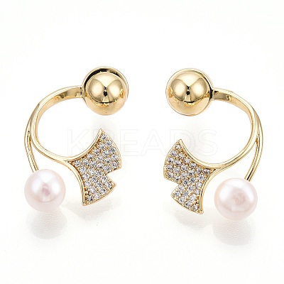 Ginkgo Leaf Natural Pearl Front Back Stud Earrings with Cubic Zirconia PEAR-N020-05Q-1