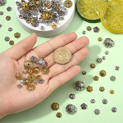 100Pcs 10 Styles Tibetan Style Alloy Flower Bead Caps TIBE-YW0001-84-1