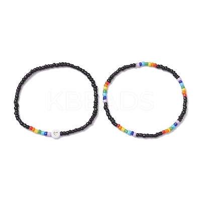 2Pcs 2 Styles Heart Glass Seed Beaded Stretch Bracelet Sets BJEW-JB10530-02-1
