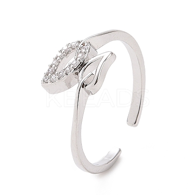 Clear Cubic Zirconia Hollow Out Leaf Open Cuff Ring RJEW-H127-38P-1