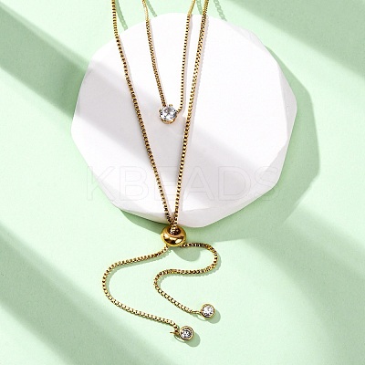 304 Stainless Steel Crystal Rhinestone Flat Round Box Chain Double Layer Slider Lariat Necklaces NJEW-K291-01G-1