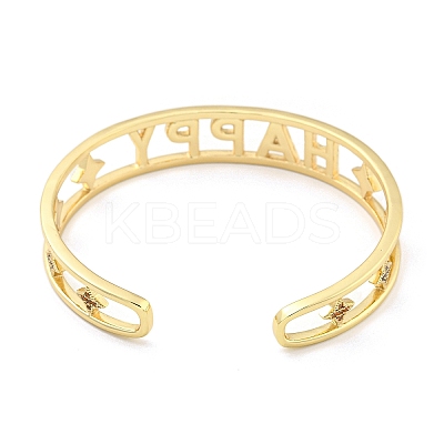 Word Happy Brass Micro Pave Colorful Cubic Zirconia Open Cuff Bangles for Women BJEW-Z062-21G-1