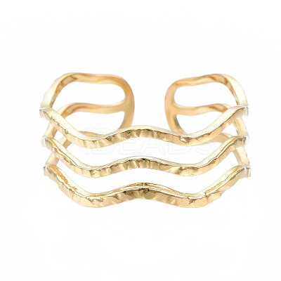 304 Stainless Steel Triple Line Wave Open Cuff Ring RJEW-T023-02G-1