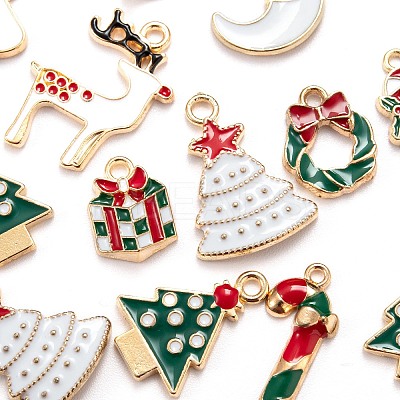 120Pcs 12 Style Light Gold Christmas Theme Alloy Enamel Pendants ENAM-LS0001-55-1