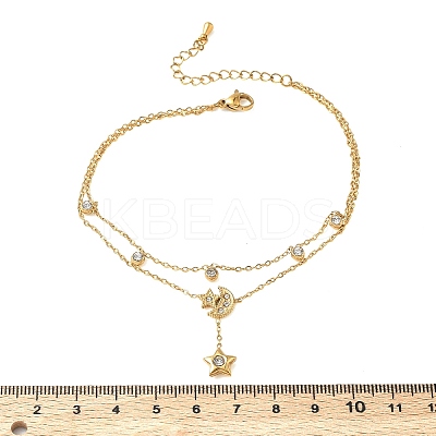 304 Stainless Steel Pave Clear Cubic Zirconia Charm 2-Strand Anklets for Women AJEW-K054-01C-G-1