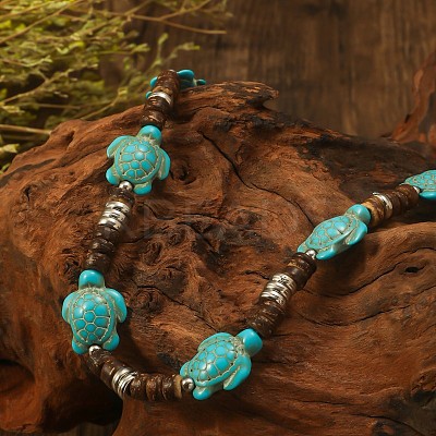 Sea Turtle Dyed Synthetic Turquoise & Coconut Heishi Beaded Necklaces for Men FS-WG4C8C3-01-1