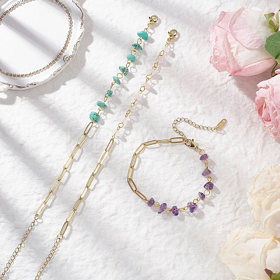 3Pcs Natural Amethyst & Rose Quartz & Synthetic Turquoise Chip Beads Link Bracelets BJEW-JB12530-1