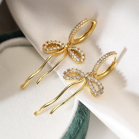 Bowknot Brass Micro Pave Clear Cubic Zirconia Hoop Earrings for Women LS-EJEW-A110-03G-1