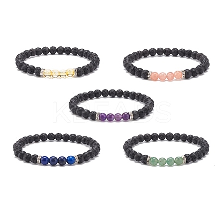 Gemstone & Natural Lava Rock Round Beaded Stretch Bracelet BJEW-JB08468-1