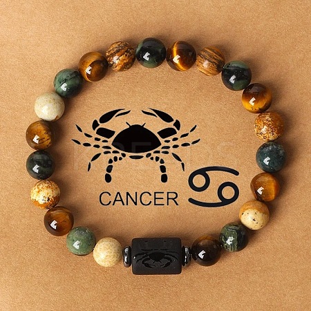 12 Constellations Natural Tiger Eye & Picture Jasper Round Beaded Stretch Bracelets for Men Women WG21EC3-04-1