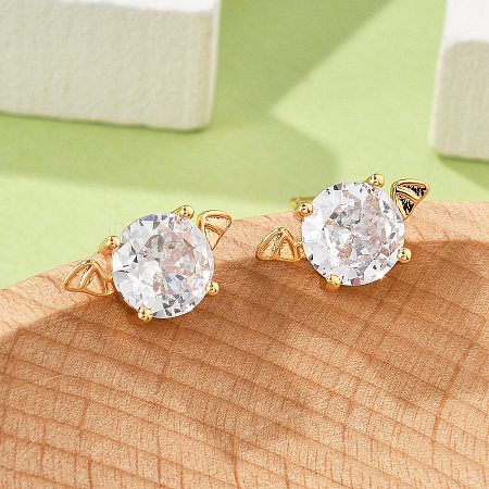 Bat Brass Micro Pave Clear Cubic Zirconia Stud Earrings for Women EJEW-G428-14G-1
