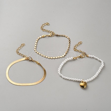 3Pcs 3 Styles Iron Chain Bracelet and Brass Heart Charm Bracelet Set for Women BJEW-WH0012-54-1
