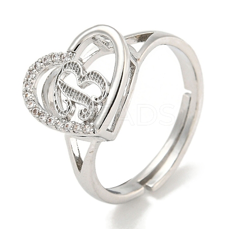 Heart with Letter Rack Plating Brass Micro Pave Cubic Zirconia Adjustable Rings for Women RJEW-I105-06P-B-1