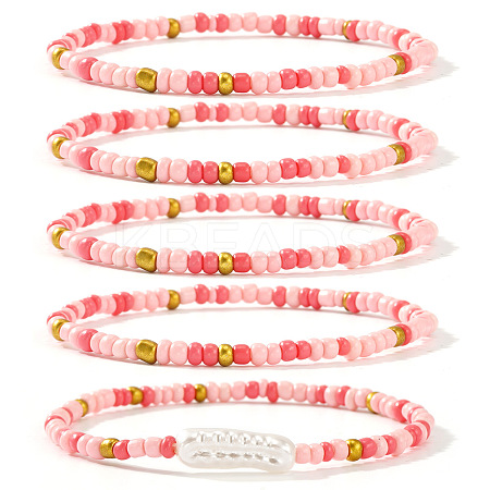 5Pcs Shell & Glass Seed Bead Stretch Bracelet Sets IY4629-2-1