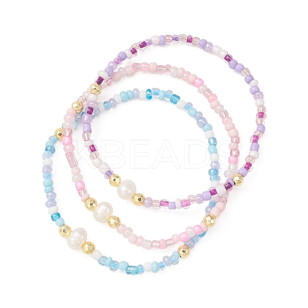 3Pcs 3 Color Natural Pearl & Seed Beaded Stretch Bracelets Set BJEW-JB09437-1