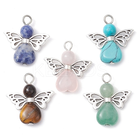Natural Green Aventurine/Lapis Lazuli/Rose Quartz/Tiger Eye/Blue Spot Jasper/Synthetic Turquoise Heart Angel Pendants X-PALLOY-JF03186-01-1