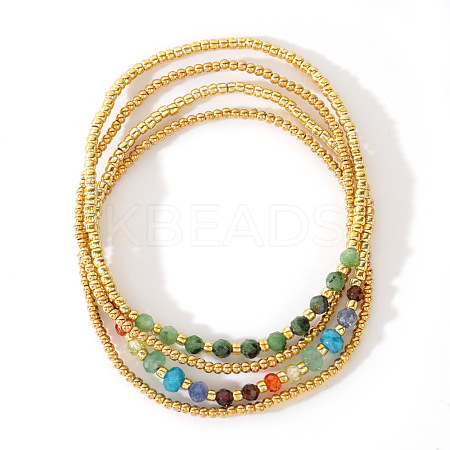 4Pcs Luxury Natural Unakite Round Beads & Moonstone & Lapis Lazuli & Malaysia Jade & Glass & Cubic Zirconia & Purple  Garnet & Red Garnet & Glass Seed Beads Stretch Bracelet Set for Women AP3962-1-1