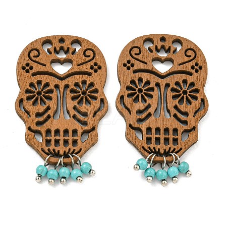 Laser Cut Poplar Wood Pendants Skull Charms with Dyed Synthetic Turquoise FIND-G073-05-1