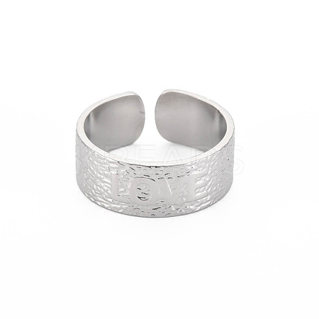 Non-Tarnish 304 Stainless Steel Flat with Word Love Open Cuff Ring for Women RJEW-S405-205P-1