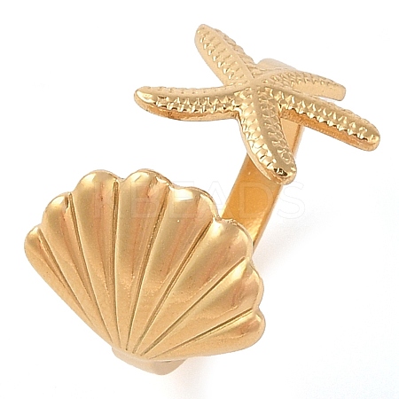 Ion Plating(IP) 304 Stainless Steel Shell & Starfish Shape Open Cuff Rings for Women RJEW-Z057-04G-1
