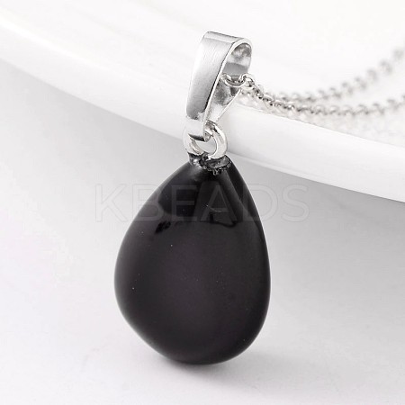 Teardrop Platinum Tone Brass Dyed & Heated Black Agate Pendants G-F267-02E-1