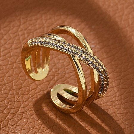 Brass Micro Pave Clear Cubic Zirconia Cuff Finger Rings RJEW-C120-16G-1
