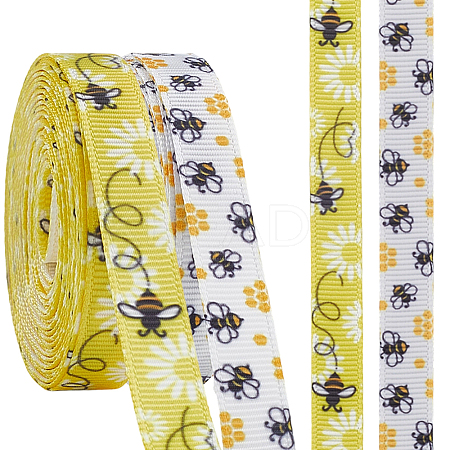 2 Rolls 2 Styles Polyester Bees Printed Grosgrain Ribbons SRIB-CY0001-10-1