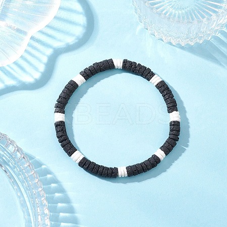 Natural Lava Rock & White Shell Flat Round Beads Stretch Bracelets for Men BJEW-JB12462-01-1
