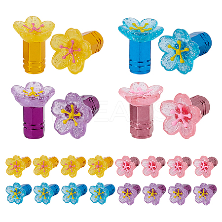 16Pcs 4 Colors Resin Flower & Aluminium Alloy Tire Valve Stem Caps HJEW-NB00308-1