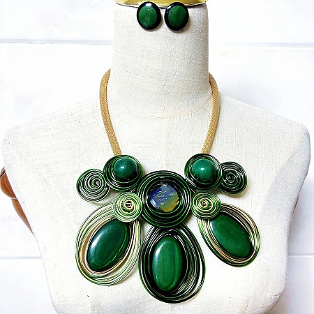 Aluminum Wire Wrapped Resin Beaded Oval Pendant Necklaces & Flat Round Stud Earrings Sets WG92AA6-07-1