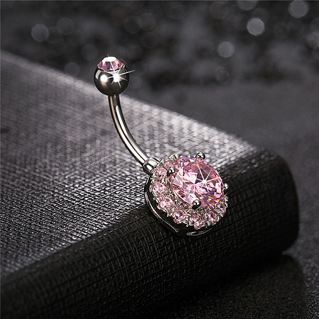 316L Surgical Stainless Steel Cubic Zirconia Flat Round Curved Barbell Belly Rings WGB2BE5-06-1