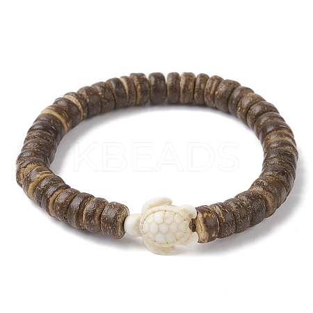 Natural Coconut Disc & Synthetic Turquoise Turtle Beaded Stretch Bracelet for Women BJEW-JB09700-05-1