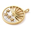 304 Stainless Steel Pave Natural White Shell Flat Round with Star Pendants STAS-Q345-32G-2