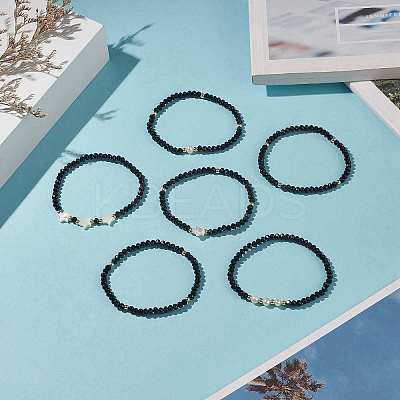 6Pcs 6 Style Natural Shell & Glass Star & Round Beaded Stretch Bracelets Set for Women BJEW-JB09945-02-1