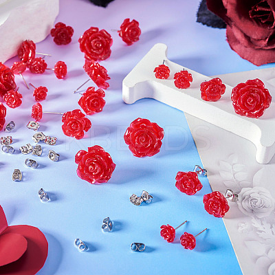 50Pcs 5 Size Resin Rose Flower Stud Earrings with 316 Stainless Steel Pins EJEW-TA0001-29-1