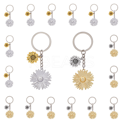 16Pcs 2 Colors Sunflower Alloy Pendant Keychain KEYC-FH0001-34-1