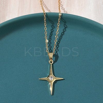 Brass Pave Clear Cubic Zirconia Star Pendant 304 Stainless Steel Chain Necklaces for Women NJEW-D341-07G-1