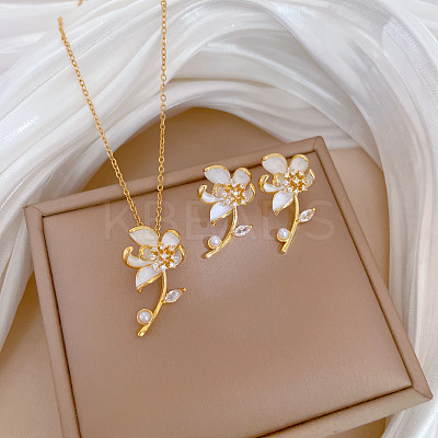 Brass Micro Pave Cubic Zirconia & Plastic Pearl & Enamel Pendant Necklace & Stud Earrings WG7AC39-160-1
