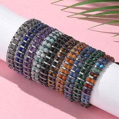 Natural & Synthetic Gemstone and Synthetic Hematite Adjustable Braided Bead Bracelets BJEW-H626-01-1